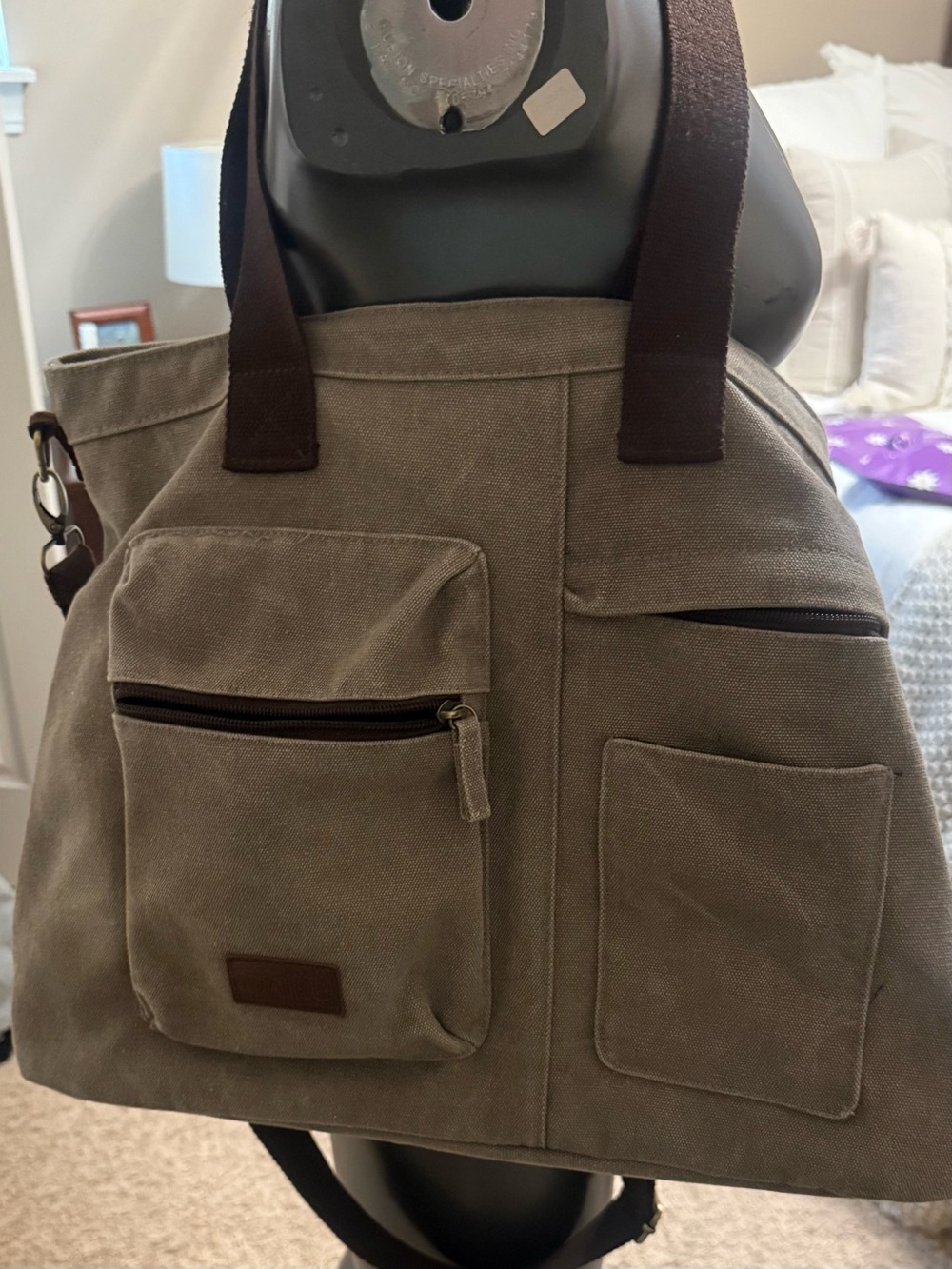 & Other Stories Canvas Duffel Bag in Olive Brown with Dark Brown Straps
